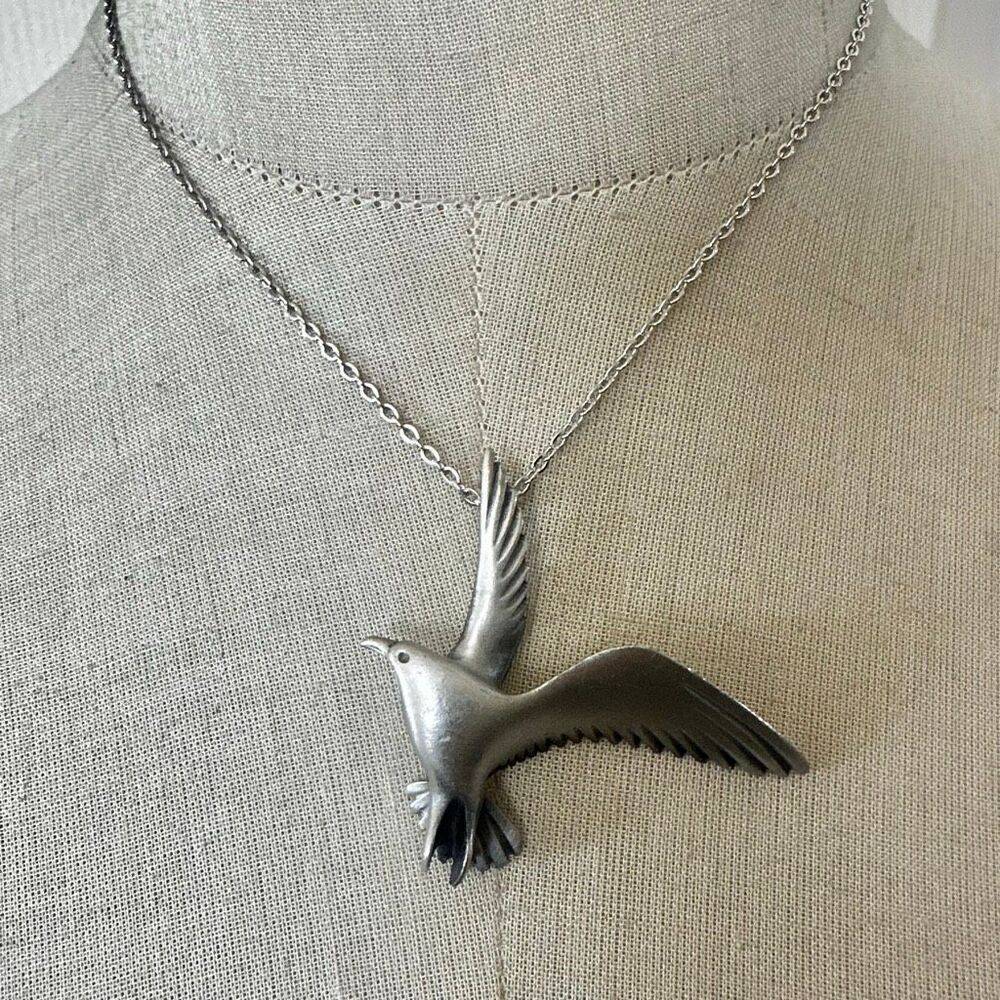 Vintage Pewter Flying Bird pendant Necklace